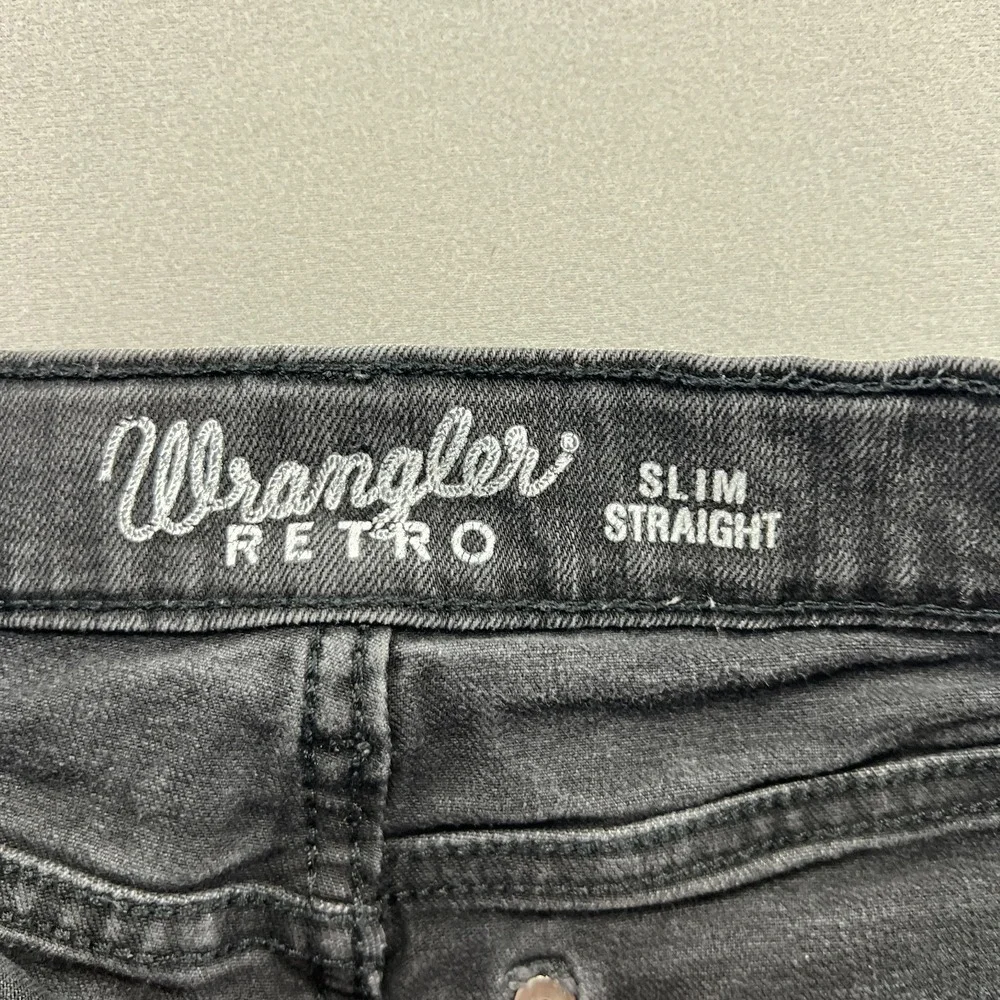 Wrangler Retro Jeans Womens 20 Black Denim Stretch Distressed Slim Straight Leg